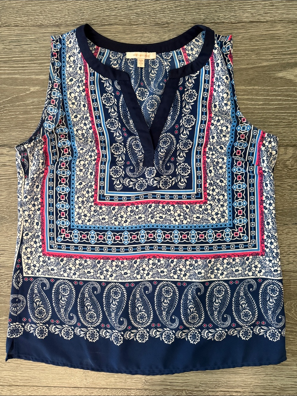 Sleeveless Navy Paisley Print Top with Pink Accents